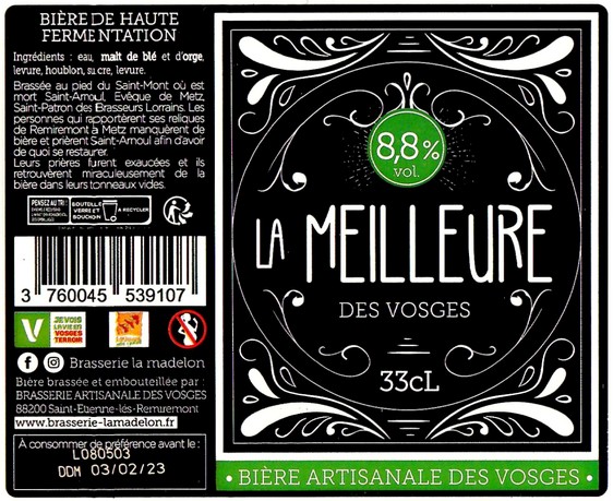 Etiquette BRASSERIE ARTISANALE DES VOSGES 45