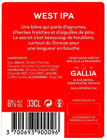 Etiquette BRASSERIE GALLIA 15B