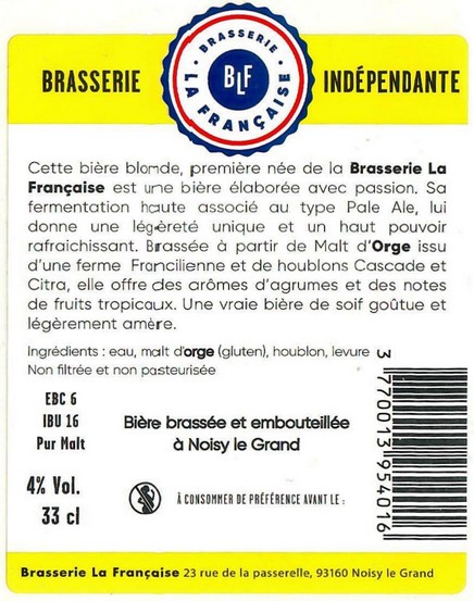 Etiquette BRASSERIE LA FRANCAISE 03B