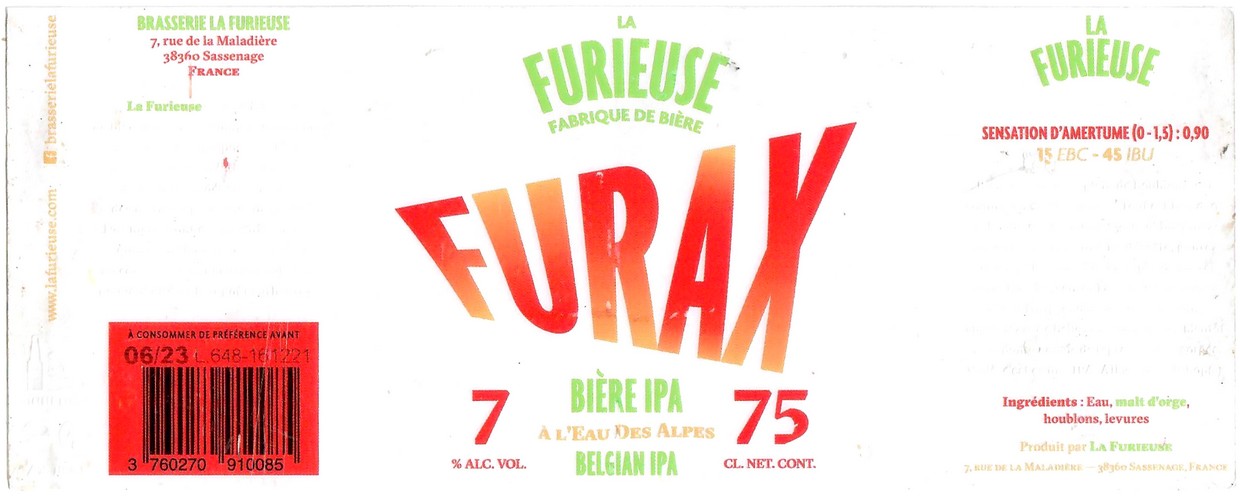 Etiquette BRASSERIE LA FURIEUSE 07