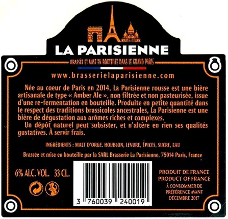 Etiquette BRASSERIE LA PARISIENNE 10B