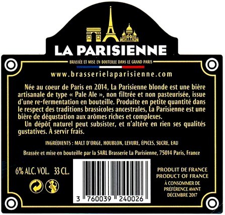 Etiquette BRASSERIE LA PARISIENNE 11B