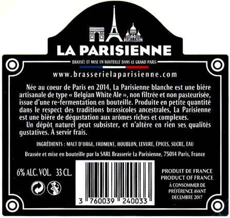 Etiquette BRASSERIE LA PARISIENNE 12B