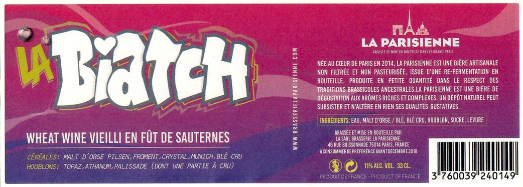 Etiquette BRASSERIE LA PARISIENNE 15