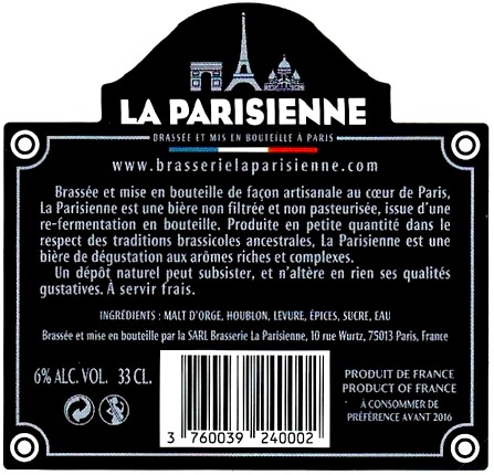 Etiquette BRASSERIE LA PARISIENNE 18B