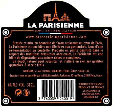 Etiquette BRASSERIE LA PARISIENNE 19B