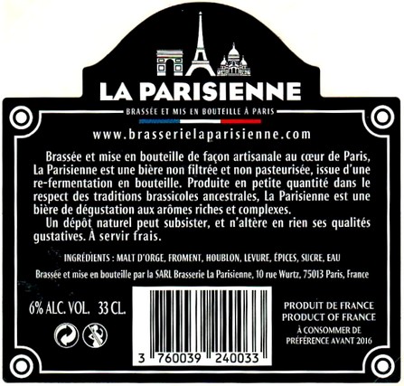 Etiquette BRASSERIE LA PARISIENNE 20B