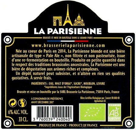 Etiquette BRASSERIE LA PARISIENNE 22B