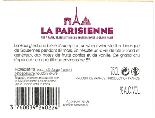 Etiquette BRASSERIE LA PARISIENNE 27B