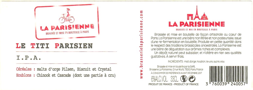 Etiquette BRASSERIE LA PARISIENNE 29