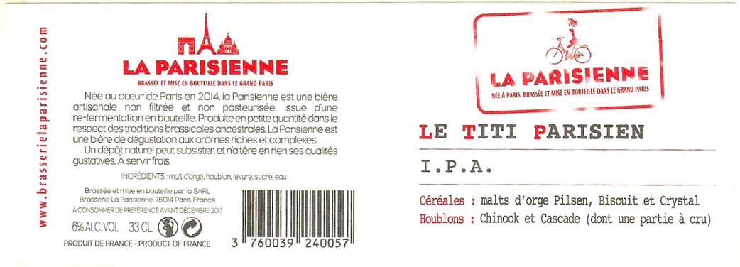 Etiquette BRASSERIE LA PARISIENNE 30