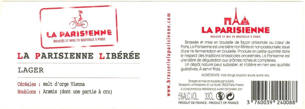 Etiquette BRASSERIE LA PARISIENNE 33