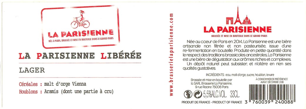 Etiquette BRASSERIE LA PARISIENNE 35