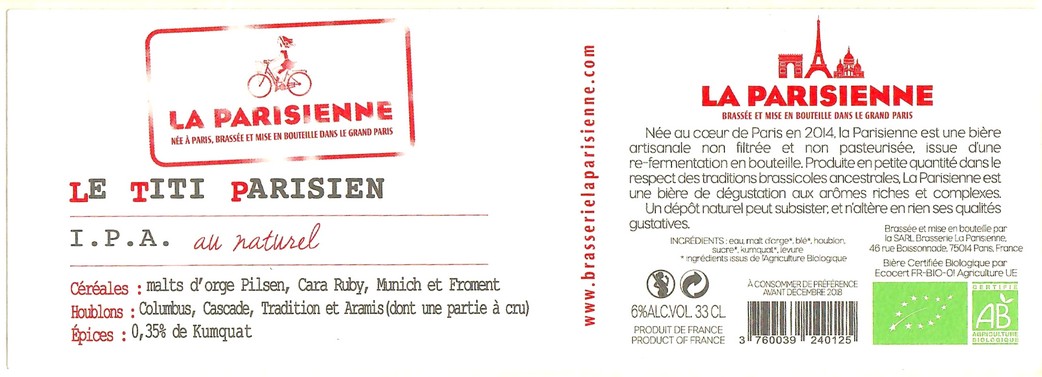 Etiquette BRASSERIE LA PARISIENNE 37