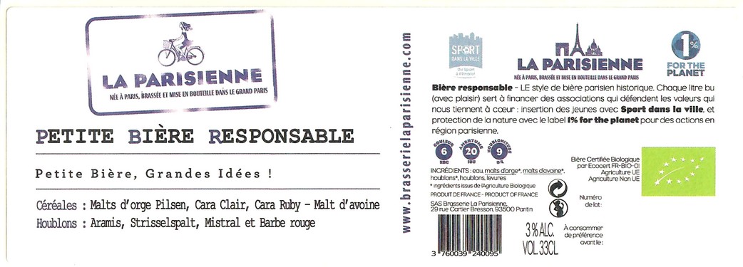 Etiquette BRASSERIE LA PARISIENNE 39