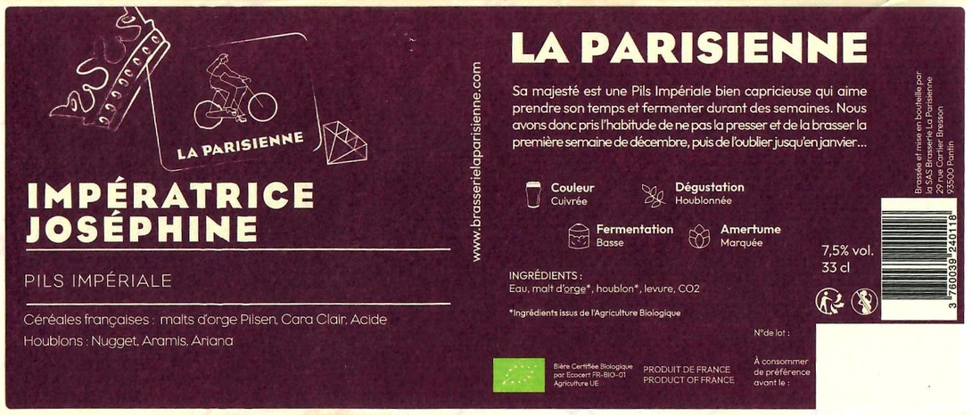 Etiquette BRASSERIE LA PARISIENNE 65