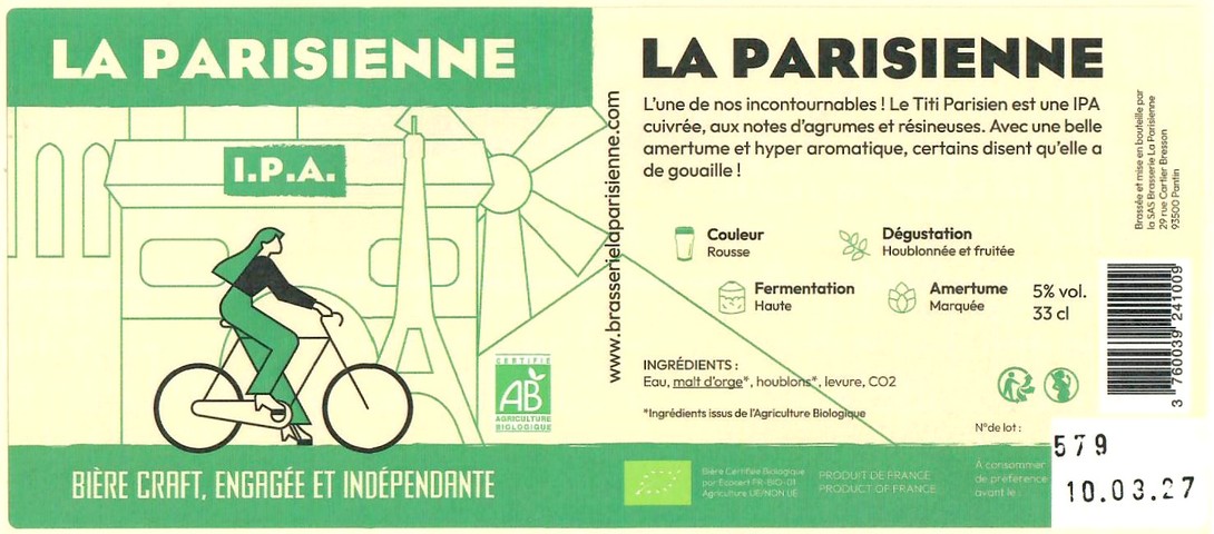 Etiquette BRASSERIE LA PARISIENNE 68