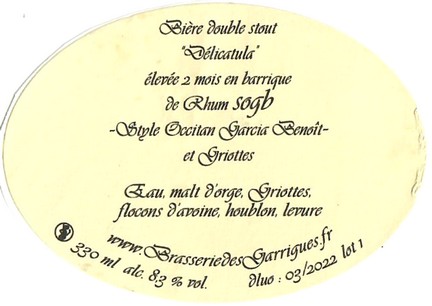 Etiquette BRASSERIE DES GARRIGUES 69B