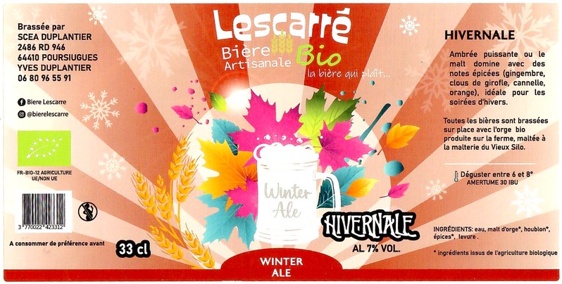 Etiquette BRASSERIE LESCARRE 33